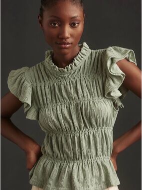 Blue Tassel Ruched Flutter Sleeve Top in mint green